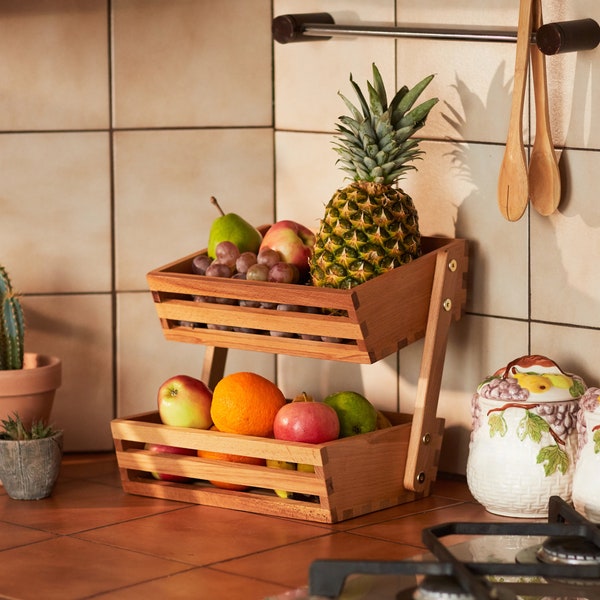 Wooden Two Tier Vegetables And Fruit Storage Rack | Free Standing Countertop Worktop Food Bowl Tray Basket For Kitchen Counter Top