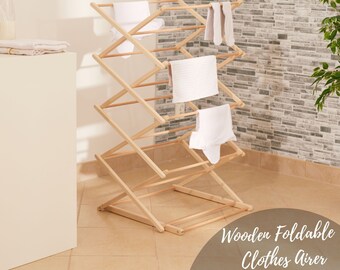 Wooden Clothes Airer, Indoor Laundry Clothes Drying Rack, Rustproof Wooden Clothes Horse, Laundry Dryer Racks, Portable Wood Drying Rack