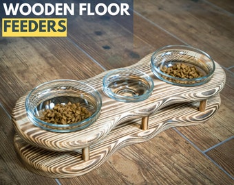 Wood Floor Cat Feeder, Cat Feeding Feeder With 3 Bowls, Floor Food Stand For Your Pet, Unique Cat Lover Gift, Double Bowls Floor Pet Feeder