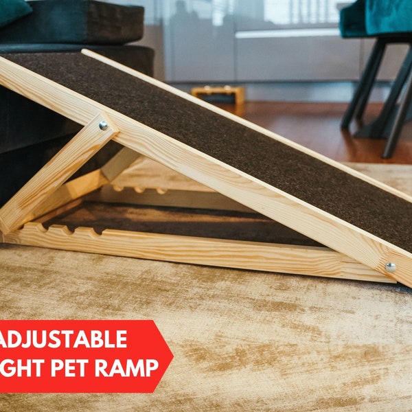 Folding Pet Ramp, Natural Wooden Ramp for Dog, Dog Steps For Bed, Portable Dog Ramp with Adjustable Heights, Foldable Dog Stairs, Cat Ramp