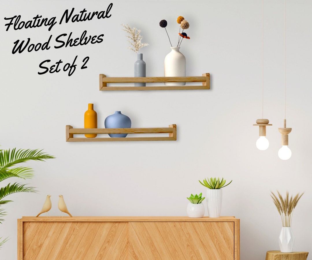 Floating Natural Wood Shelves Set of 2, Kids Book Shelves, Natural Wood