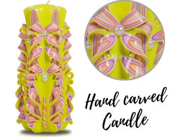 Colorful And Unique Hand Carved Unscented Candle - Decorative Candle Or Gift Candle For All Types Of Occasions In Lemon Yellow Purple, Pink