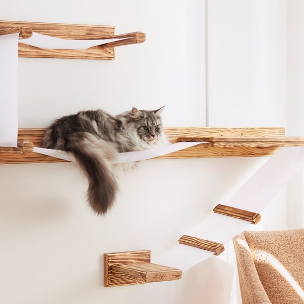 Grande étagère murale pour chat plate-forme de jeu avec lit - étagère en bois massif pour chat - Collection de meubles en bois pour chat