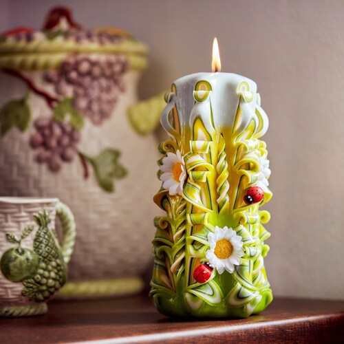 Medium Colorful and Unique Hand Carved Unscented Candle Etsy