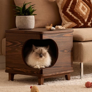 Premium Wooden Cat House With Bed, Modern Handcrafted Wood Furniture For Cat, Pet Shelter For Dog, Free Standing Pet House