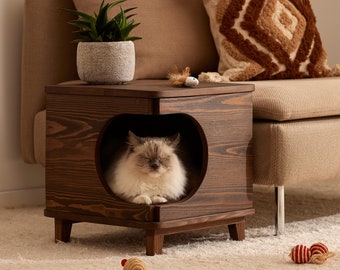 Premium Wooden Cat House With Bed, Modern Handcrafted Wood Furniture For Cat, Pet Shelter For Dog, Free Standing Pet House