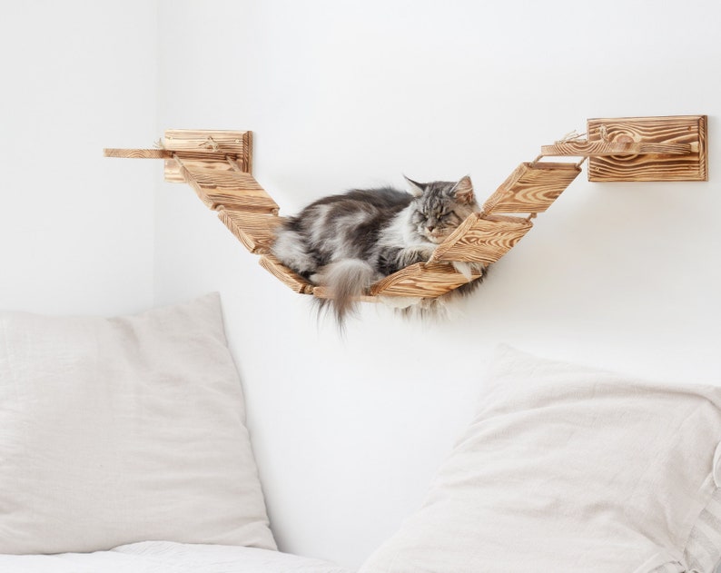 Large Wall Mounted Cat Bridge Lounge Platform Built Solid Wood And Strong Ropes Wooden Cat Furniture image 1