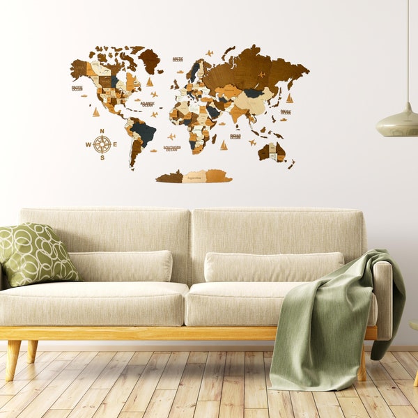 Large Wooden 3D World Travel Map - Family Gift - Anniversary Gift - Rustic Wall Decor - Wall Art Home Decoration Gift - Gift For Couple