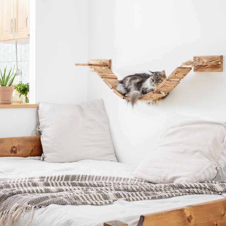 Large Wall Mounted Cat Bridge Lounge Platform Built Solid Wood And Strong Ropes Wooden Cat Furniture image 4