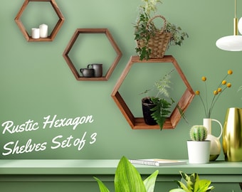 Rustic Hexagon Shelves for Wall Set of 3 Honeycomb Wall Shelves, Wood Farmhouse Storage Home Decor Floating Shelf for Wall, Driftwood Finish