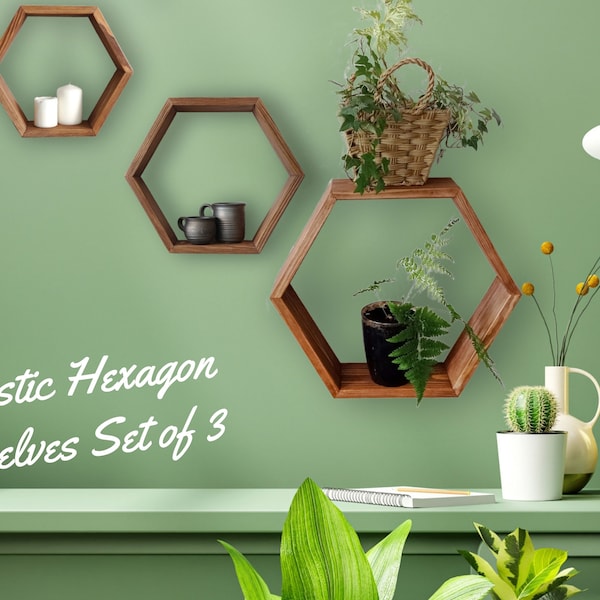 Lot de 3 étagères murales hexagonales rustiques en nid d'abeille, étagère flottante en bois pour décoration d'intérieur, finition bois flotté