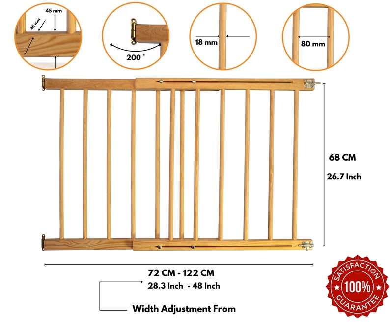 Versatile Wooden Safety Baby Gate Extendable 28.3'' 48''72-122cm Stair Gates For Baby Secure Wooden Stair Gates For Dogs Pet Safety Gate image 3