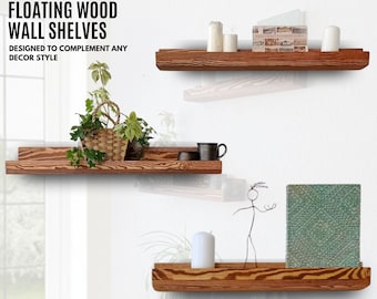 Floating Wood Shelves for Wall Set of 3 - Rustic Shelves with Ledge, Wall Mounted Floating Shelves for Kitchen, Bathrooom, Living Room