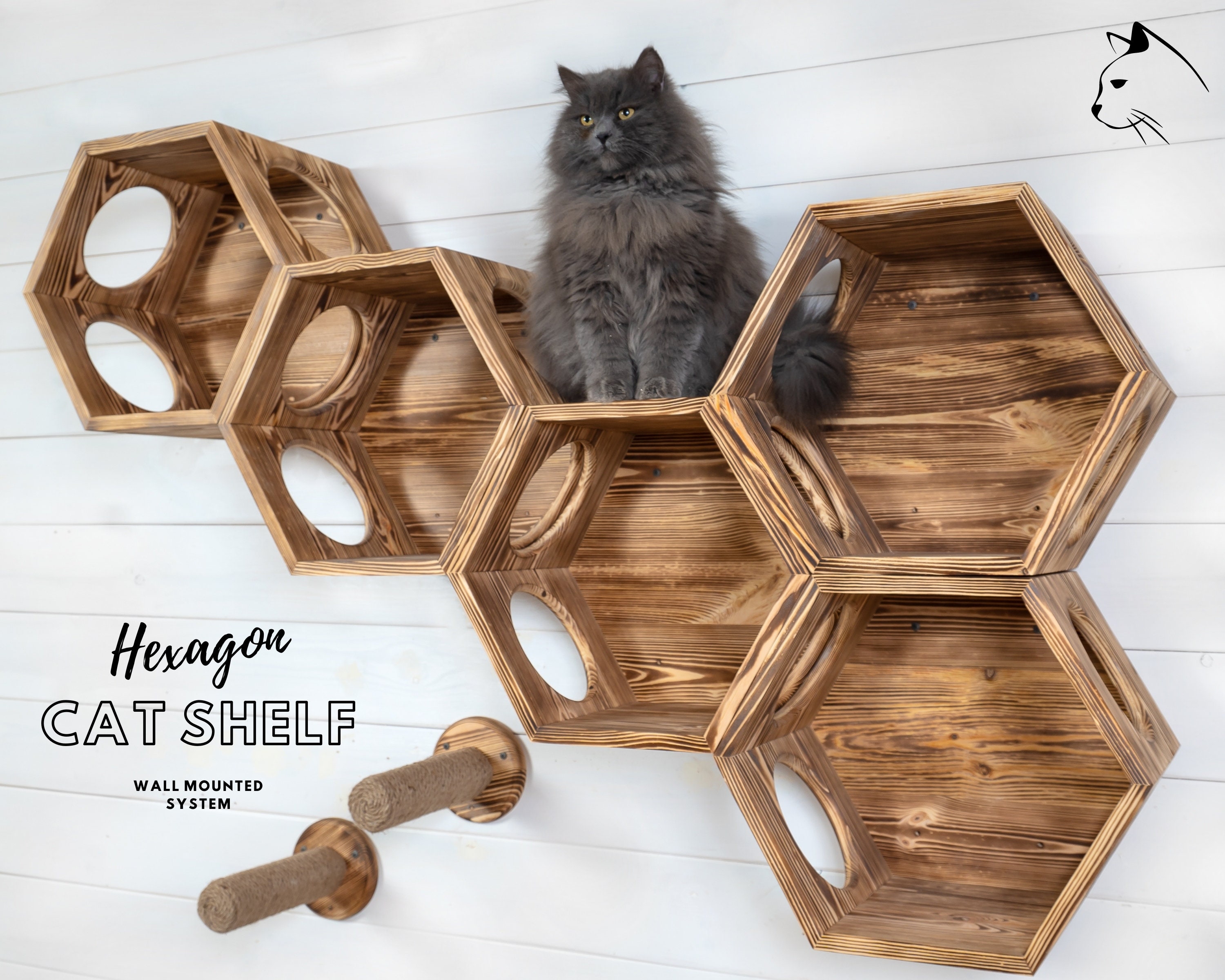 Wooden Hexagon Wall Cat Perch Wall Mounted Cat Etsy