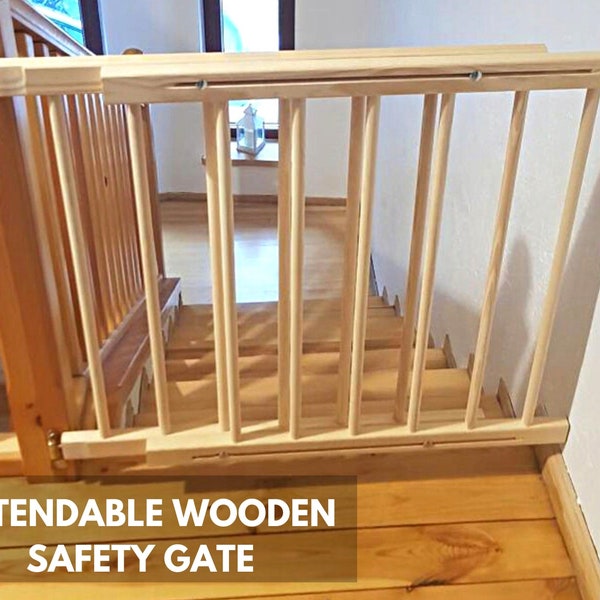 Versatile Wooden Safety Baby Gate Extendable 28.3''- 48''(72-122cm) Stair Gates For Baby Secure Wooden Stair Gates For Dogs Pet Safety Gate