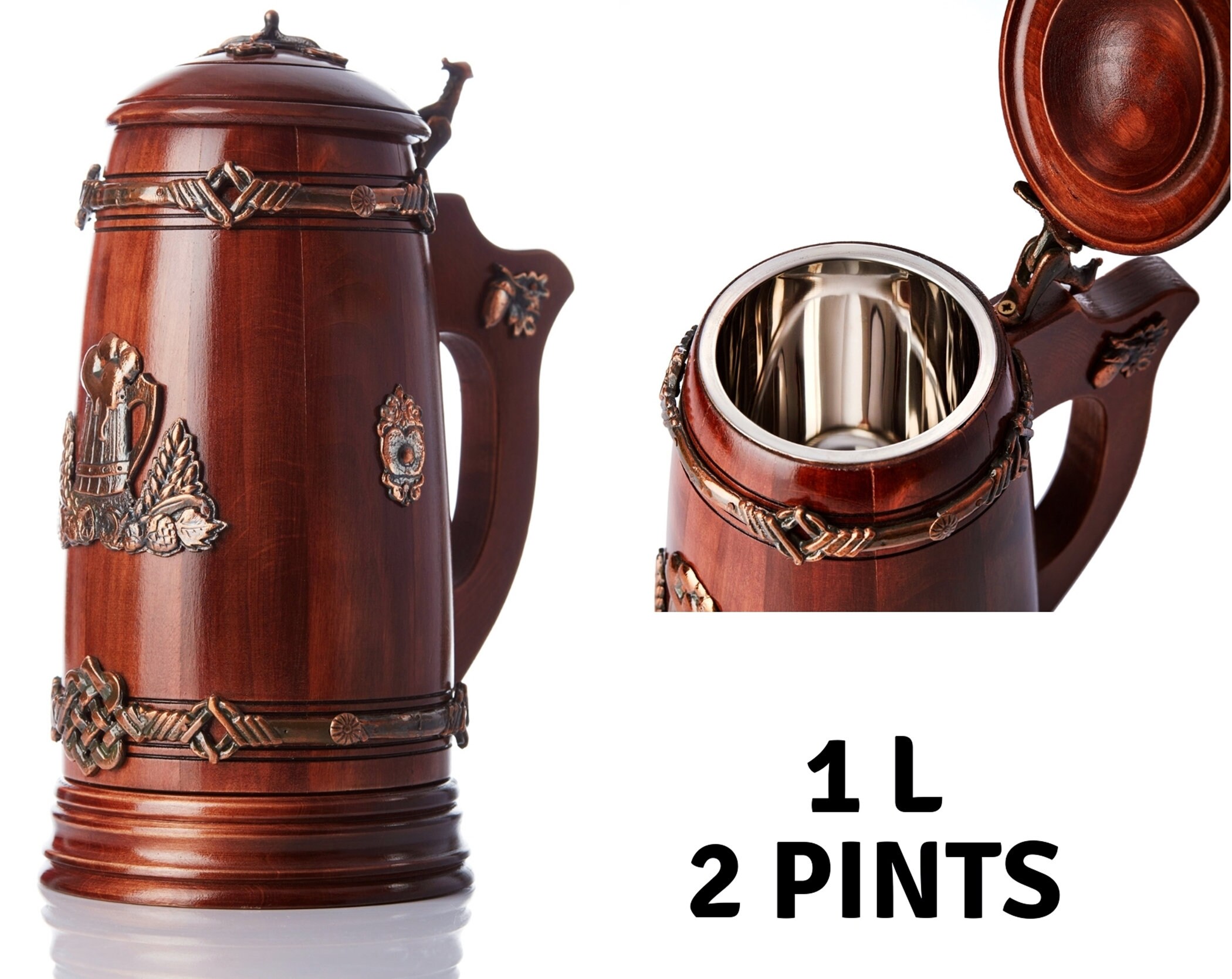 XXL 1L / 1.7 Pints Handmade Wooden Beer Mug With Lid Oak Etsy