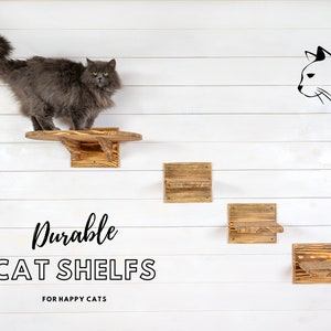 Large Wall Mounted Floating Cat Perch Bed Platform With Steps - Solid Wood Cat Sleeper Shelf - Wooden Cat Furniture