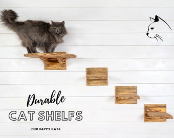 Large Wall Mounted Floating Cat Perch Bed Platform With Steps - Solid Wood Cat Sleeper Shelf - Wooden Cat Furniture