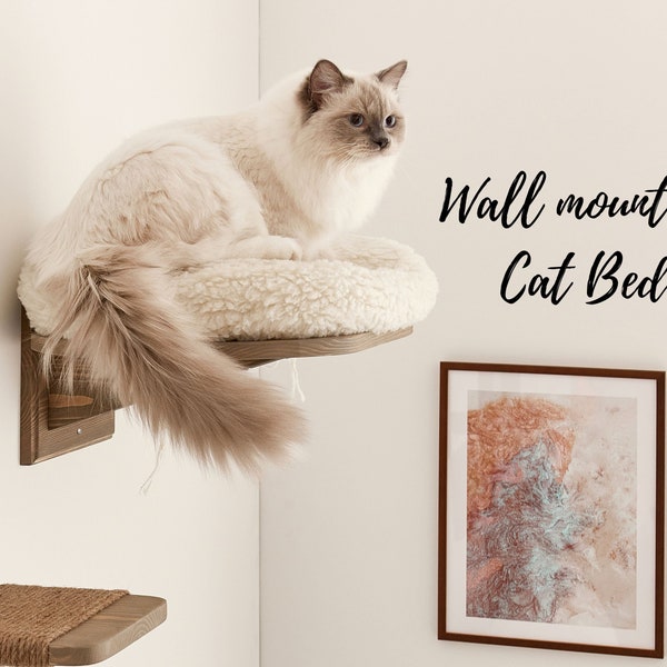 Solid Wood Large Wall Mounted Cat Perch Bed, Cat Shelf with Soft Cushion, Handcrafted Wall Cat Bed, Holds up to 66 lb. 19.68'' x 15.74''