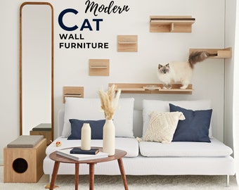 Cat Wall Furniture Shelves - Floor Space Saving Set Including - Floating Climbing Steps - Corner Bed - Feeder And Cat House | Litter Box