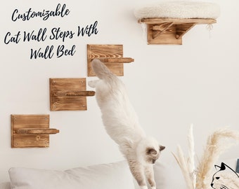 Plataforma grande para cama de percha para gatos montada en la pared con 3 escalones - Estante para dormir de madera maciza para gatos con cojín extra suave - Muebles de madera para gatos