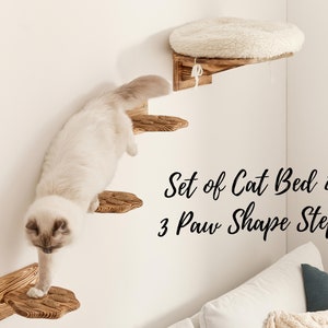 Large Wall Mounted Floating Cat Perch Bed With Pillow And Paw Shape Steps - Solid Wood Cat Sleeper Shelf - Floating Wooden Cat Furniture
