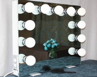 XL Frameless Vanity Mirror with Lights Handmade White w/ Silver trim