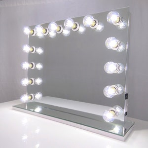 Large Frameless Mirror w/ 14 Dimmable Lights and a Mirrored Glass Base