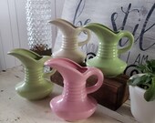 Pottery Vase Pitcher Small Creamer Retro Green And White