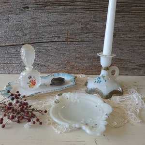Vintage Milk Glass Perfume Tray Soap Dish candle stick holder | Vanity Tricket Dish Soap Dish Candle Holder | Milk Glass Vanity Set 3 Peice