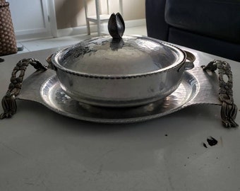 Vintage Aluminum Serving Tray And Serving Dish With Lid | Hammered Aluminum  | Decorative Aluminum Tray And Covered Bowl
