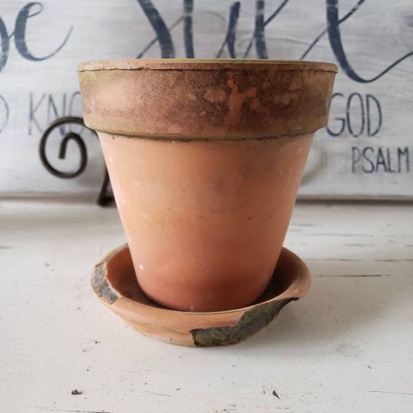 Vintage Clay Flower Pot | Terracotta Pot | Natural Patina | Outdoor Wedding | Red Clay Pot | Succulent Planter | Flower Pot And Saucer