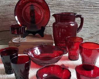 Dinning Set Royal Ruby Red Anchor Hocking Glassware Ftd. Plates Tumblers Juice Cups Dessert Dish