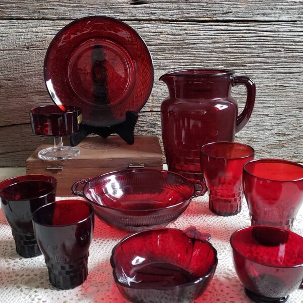 Dinning Set Royal Ruby Red Anchor Hocking Glassware Ftd. Plates Tumblers Juice Cups Dessert Dish