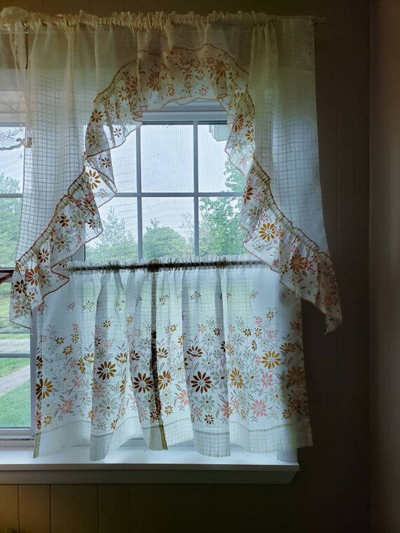Off White Sheer Orange And Yellow Flower Curtains 1970 S Etsy