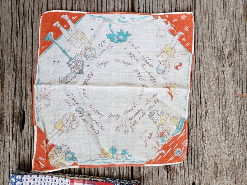 Vintage Handkerchiefs Set Of 4 Colors Of Blue Red And White 1950/'s Handkerchiefs vintage textiles Ladies Hankies