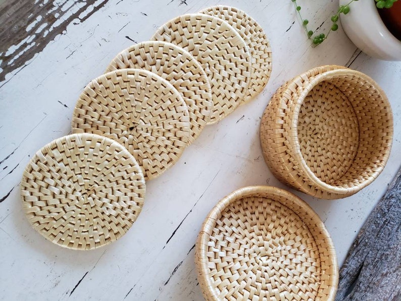 Set Of 5 Vintage Drink Coasters Coaster Caddy Basket Woven Coasters