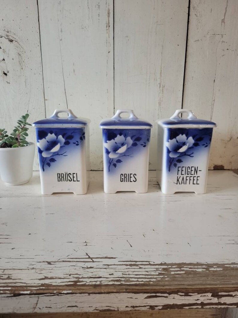Vintage German Canister Set of 3 Vintage Blue and White Etsy