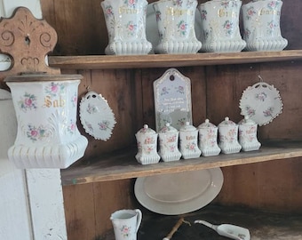 Vintage German Porcelain Spice Jars | Porcelain German Canisters | German Breakfast Board | German Farmhouse Kitchen Canisters | Salt Box