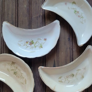 Pratos antigos de osso de pedra de ferro branco | Prato Crescent de Ironstone | pratos de osso florais | Prato da Lua | Pratos de osso vintage | Conjunto de 4