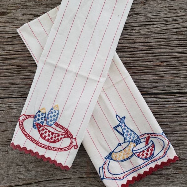 Vintage Dishtowel | Tea Towel | Kitchen Towel | Handmade Needle Point Towel | Vintage Bar-ware | Set Of Two