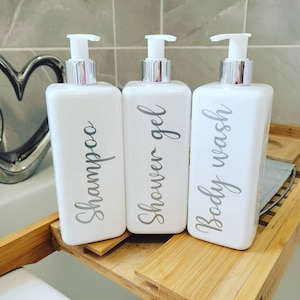 Mrs Hinch inspired reusable bottles, white square pump bottles, shampoo, conditioner, bathroom accessories, soap dispenser, 500ml bottles