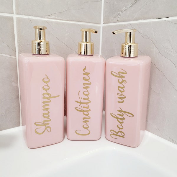 Mrs Hinch inspired reusable bottles, pink square pump bottles, shampoo, conditioner, bathroom accessories, soap dispenser, 500ml bottles