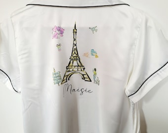 Pyjama personnalisé sur le thème de Paris, pyjama pour femme, pyjama court, vêtements de nuit pour femme, cadeaux pour elle, tour Eiffel, cadeau thème france, paris