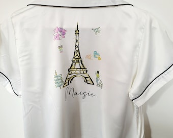 Personalised Paris themed pyjamas, ladies pyjamas, short pyjamas, ladies nightwear, gifts for her, Eiffel tower, france theme gift, paris