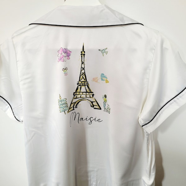 Personalised Paris themed pyjamas, ladies pyjamas, short pyjamas, ladies nightwear, gifts for her, Eiffel tower, france theme gift, paris