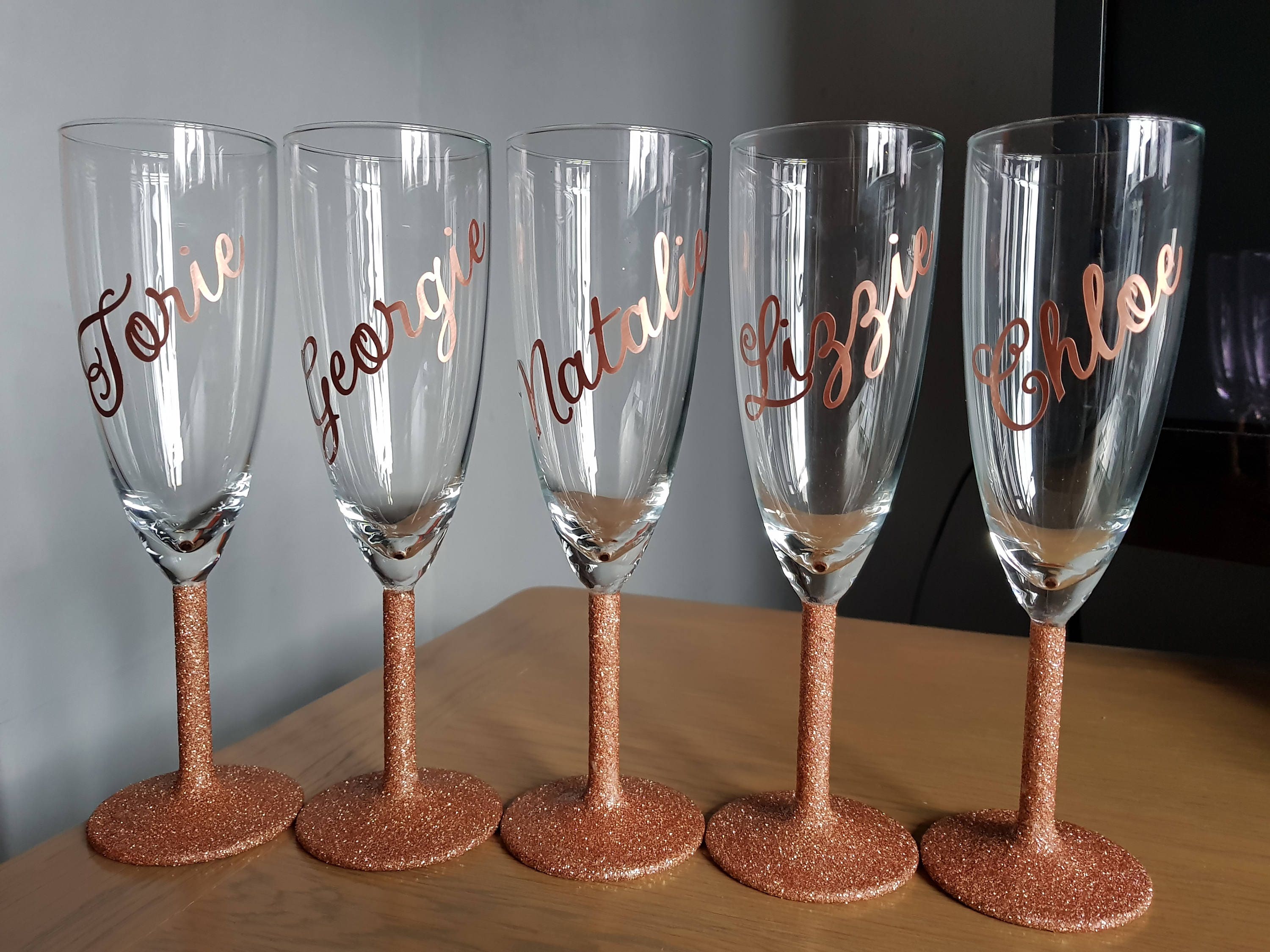 Radiant Rose Gold Etched Wedding Champagne Flute Set