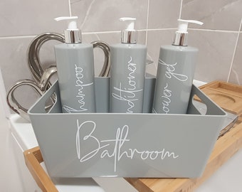 Bathroom storage box and pump bottles set, Mrs Hinch inspired reusable bottles, grey bathroom, shampoo, conditioner, bathroom accessories