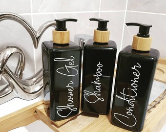 Mrs Hinch inspired reusable bottles, black square pump bottles, shampoo, conditioner, bathroom accessories, soap dispenser, 500ml bottles