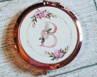 Rose gold compact mirror, personalised pocket mirror, floral initial, geometric frame, bridesmaid gift, birthday gift, gifts for her